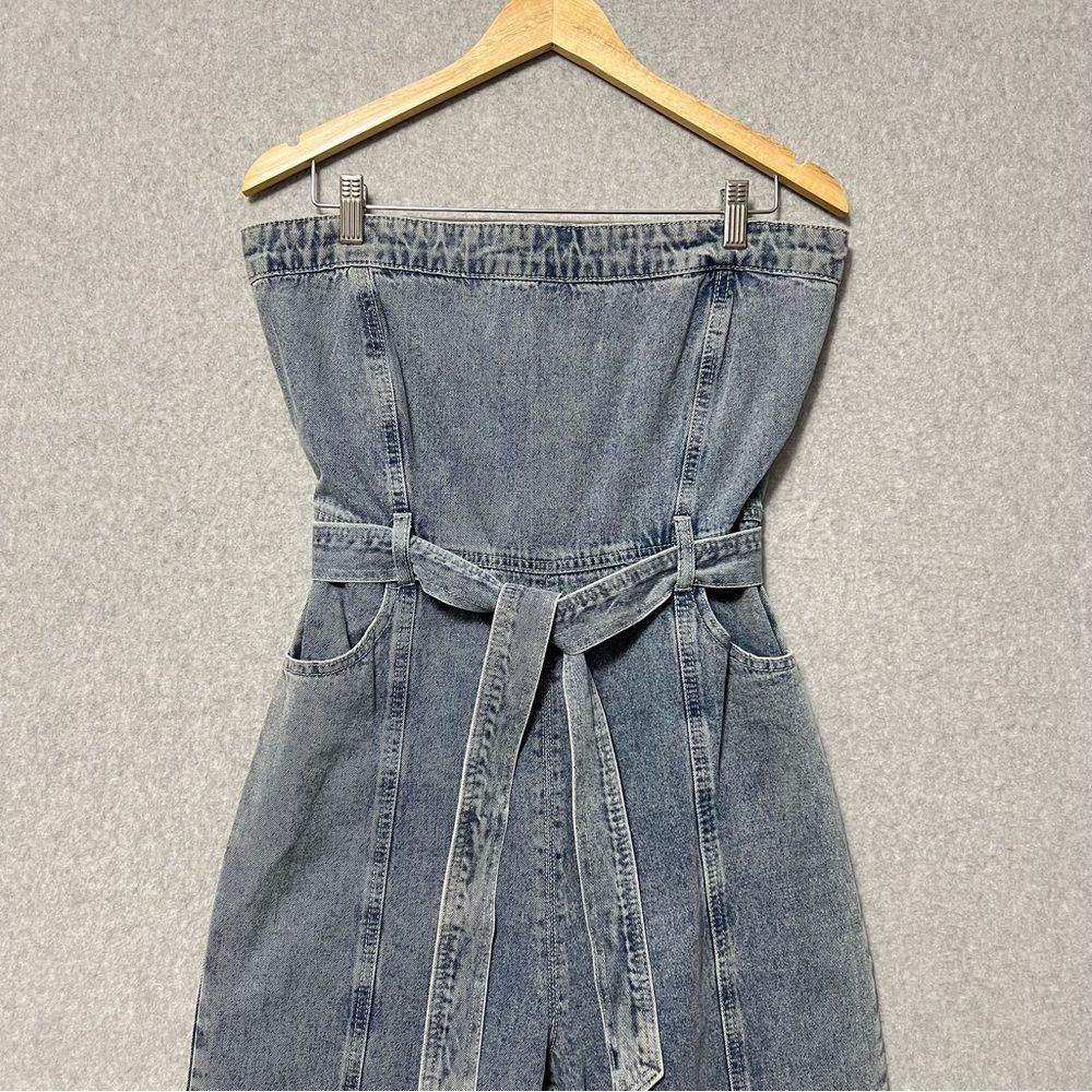 Kendall & Kylie Denim Strapless Jumpsuit Size Tie Large Belt Cropped Leg - Picture 4 of 13
